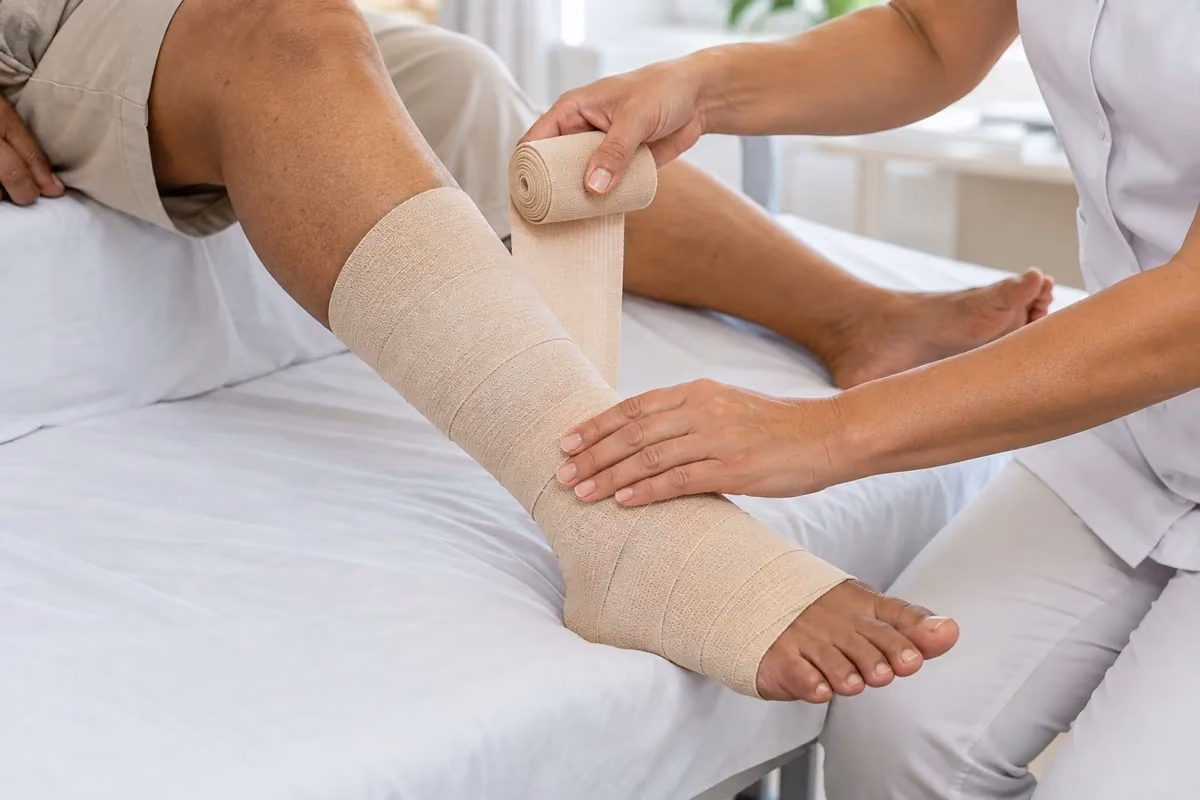 Sessão de drenagem e enfaixamento compressivo da perna