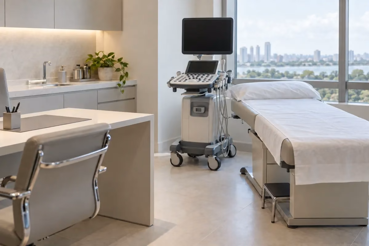 Consultório do Dr. Victor Livera, com maca e aparelho de ultrassom