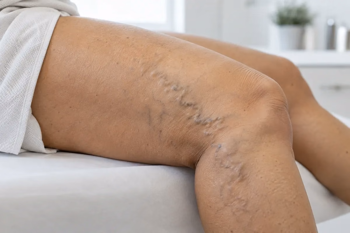 Veias superficiais salientes e visíveis na perna de uma paciente
