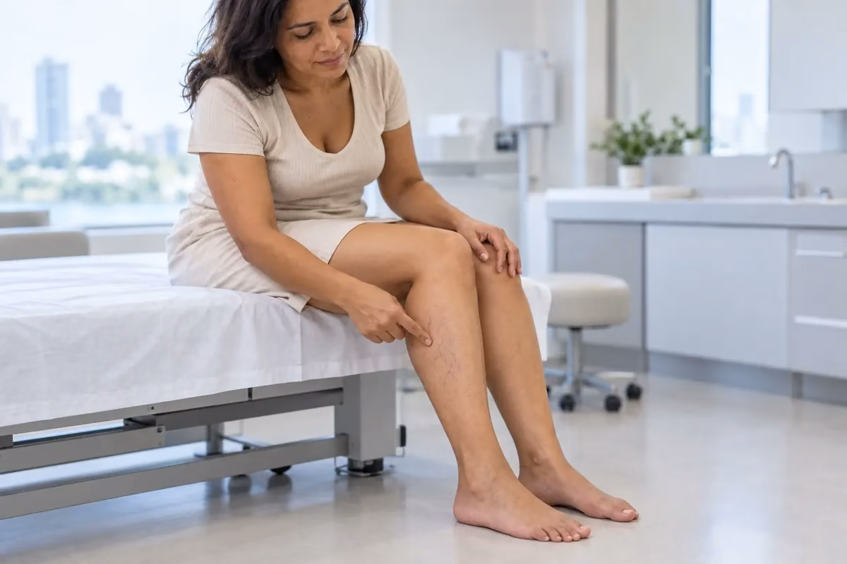 Paciente apontando para veias visíveis na perna durante a consulta