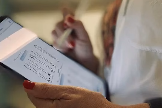 Médico revisando o plano de tratamento com os instrumentos sobre a bandeja